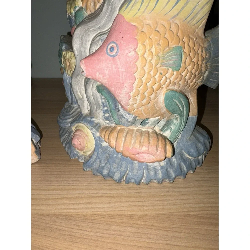 Bright Pastel Colored Ceramic Fish Figurines Bookends Book Shelf Decor Tropical